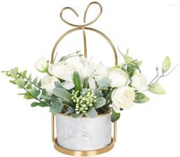 Fleurs décoratives Thé artificiel Bouquet de roses avec vase White Fake Flower Arrangements de fleurs de Noël Garland Mariage Hortensia