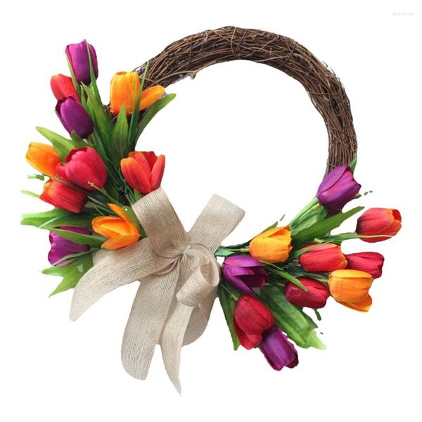 Couronne de tulipes artificielles décoratives, pour porte d'entrée, avec tulipes colorées et feuilles vertes, Simulation de printemps