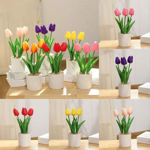 Fleurs décoratives tulipe artificielle en pot fausses plantes arbre en pot décor de fête de mariage à la maison plastiques rose jaune rouge Champagneb-décoration