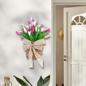 Fleurs décoratives artificielles tulip de printemps couronne de porte d'entrée panier de suspension pour la cour
