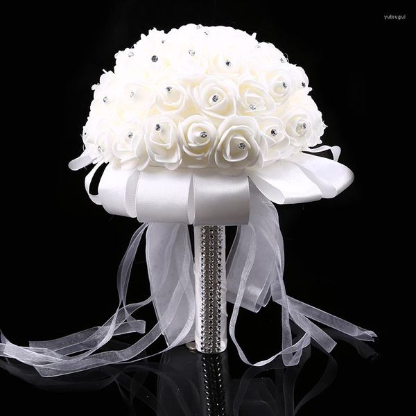 Fleurs décoratives bouquets de mariage artificiels simulation fleur rose blanche avec ruban strass demoiselle d'honneur bouquet de mariée accessoires