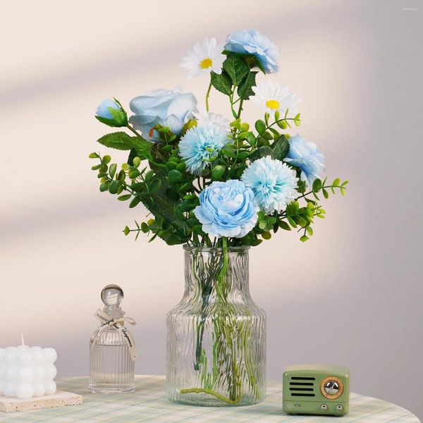 Flores decorativas Artificial White Daisy Big Bouquet Silk Plastic False Peony Blue Peony Flor para el hogar Decoración de la boda Sala de estar Arreglo