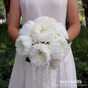 Fleurs décoratives Artificielle Pivoine Blanche Bouquet De Mariée Strass Perles Mariée Tenant Fleur Demoiselle D'honneur Ramo De Boda Novia