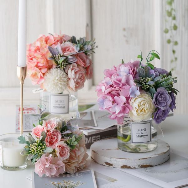 Flores decorativas artificiales con jarrón de cerámica, arreglos florales de peonía de seda para comedor, ramo falso para decoración del hogar