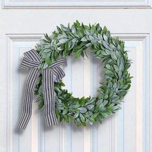 Decoratieve bloemen kunstmatige krans realistisch groen blad met bowknot lint voor huisvakantie decoratie faux slinger voordeur raam