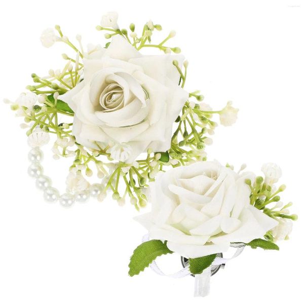 Flores decorativas ramillete de muñeca artificial novio Boutonniere boda pulsera blanca novia novio