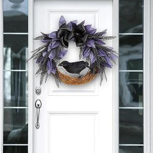 Fleurs décoratives à 69 -Halloween Couronne pour la porte d'entrée Crow Halloween avec nœud papillon Decoraion Grapevine artificielle