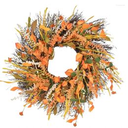 Flores decorativas Corona de cosecha artificial de otoño con trigo y bolas de naranja planta hermosas decoraciones de puerta de otoño