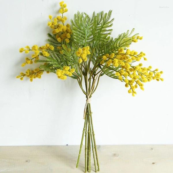 Flores decorativas Otoño Artificial Mimosa flor rama hojas de palma Tropical falso estambre amarillo seda Acacia decoración de plantas falsas