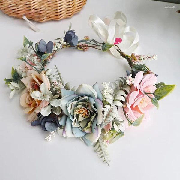 Flores decorativas Autumn Bohemian Rose Crowns Beach Beach Hawaii Floral Garland Romántica Falta de bodas Flower Diadema de novia