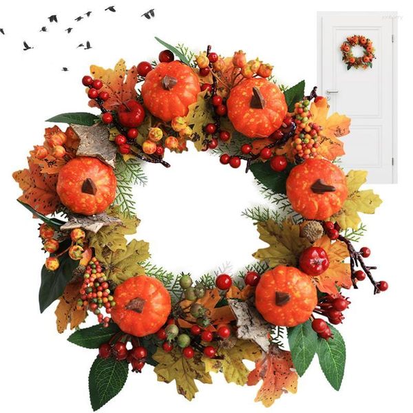 Couronne de fleurs décoratives pour porte d'automne, récolte de citrouille et d'érable 3D avec feuilles, citrouilles et baies pour Thanksgiving