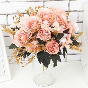 Decoratieve bloemen herfst roze kunstmatige pieter retro zijden rozenboeket voor huis kerstbruilingcombinatie nepbloemaccessoires