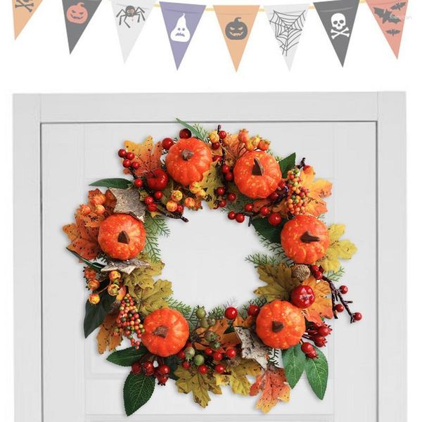 Couronne de fleurs décoratives d'automne, récolte de citrouille et d'érable 3D avec feuilles, baies de citrouille pour porte d'entrée, maison de Thanksgiving