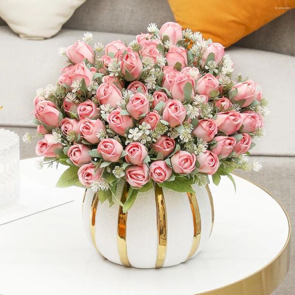 Flores decorativas hermoso vino rosa artificial seda roja ramo de flores DIY hogar jardín fiesta decoración de boda falso