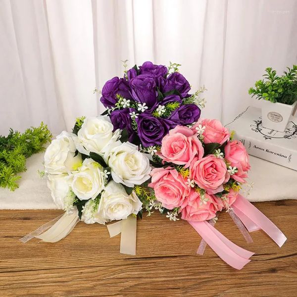 Flores decorativas Hermosa Novia Dama de honor Ramo de boda Cinta Azul Rosa Artificial Accesorios de boda nupcial Regalo 2024304