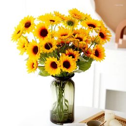 Fleurs décoratives magnifiques, faux Bouquet de tournesol multi-têtes, accessoires de décoration pour la maison pour mariage et autres scènes, 3 pièces