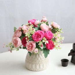 Fleurs décoratives belle Rose pivoine soie artificielle petit Bouquet blanc 9 têtes maison fête hiver mariage décoration faux