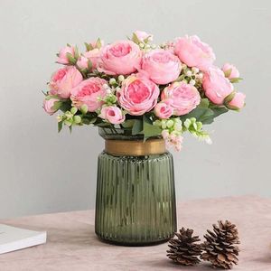 Fleurs décoratives belles rose pivoine en soie artificielle petit bouquet blanc vases pour la fête à la maison décoration de mariage d'hiver faux
