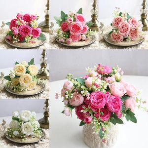 Fleurs décoratives belle Rose pivoine soie artificielle petit Bouquet blanc 9 têtes fête hiver mariage fausses décorations pour la maison