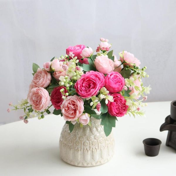 Fleurs décoratives belle Rose pivoine soie artificielle petit Bouquet blanc 9 têtes maison fête hiver mariage décoration faux