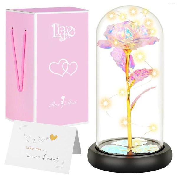 Flores decorativas Behogar Flor de rosa eterna con luz LED cálida en la cubierta de vidrio de cúpula y tarjeta de felicitación para la boda del regalo de San Valentín