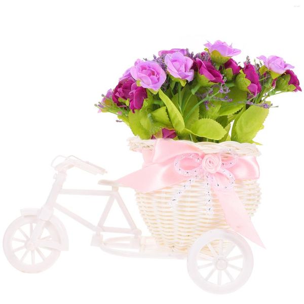 Flores decorativas bicicleta cesta de flores falsos pequeños adornos falsos hogar triciclo decoración interior simulado