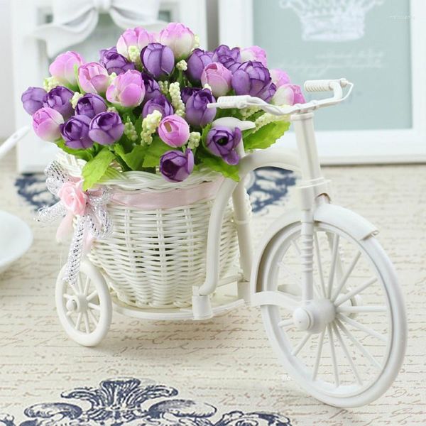 Fleurs décoratives vélo fleur panier décoration de bureau ornements Tricycle en plastique blanc Vase stockage maison fête de mariage bricolage