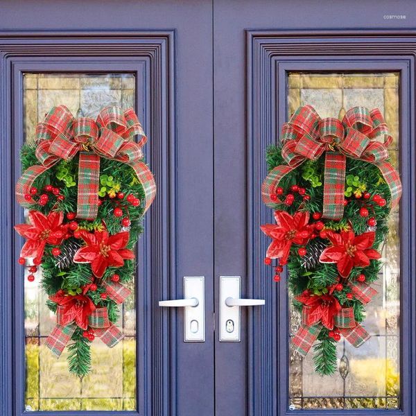 Flores decorativas Big BoCh Christmas Wreath Door colgando de guirnalda roja Adorno de aguja de pino