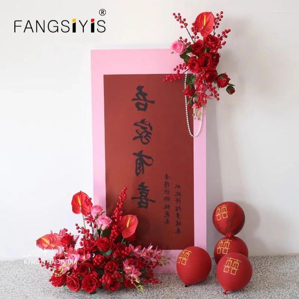 Flores decorativas Big Red Rose Table Table Centro de telón de fondo de boda Archol Hang Hang Flower Rilín Arreglos Propiedades Decoración del piso del escenario