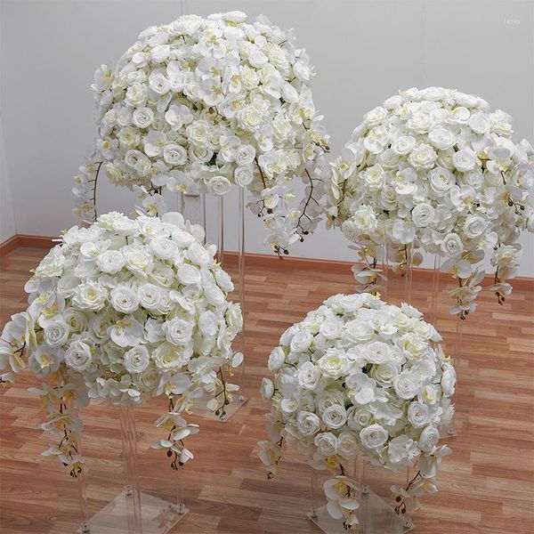 Flores decorativas Grandes rosas blancas altas Orquídea Bola de flores Hogar artificial Adornos de boda Día de San Valentín Mesa Centro de mesa Decoración