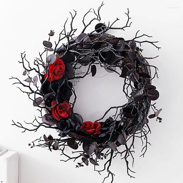 Flores decorativas, corona negra para puerta de Halloween con corona de rosas rojas para puerta delantera, decoración gótica para el hogar, duradera