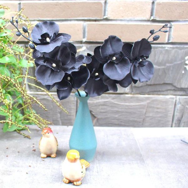 Flores decorativas Orquídea negra Rama de flores artificiales Phalaenopsis Seda Arreglo de boda falso Mesa Decoración del hogar Accesorios Po