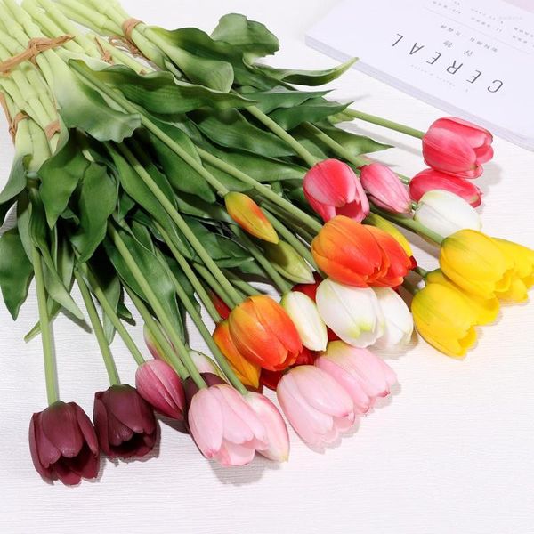 Fleurs décoratives en fleurs tulipes Bouquet fleur artificielle belles 5 têtes tiges Silicone Flores Artificiales luxe Real Touch chambre