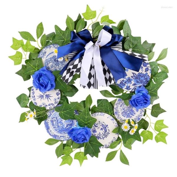Couronne de fleurs décoratives en porcelaine bleue et blanche, décorations de fête dans la cour extérieure, guirlandes goutte