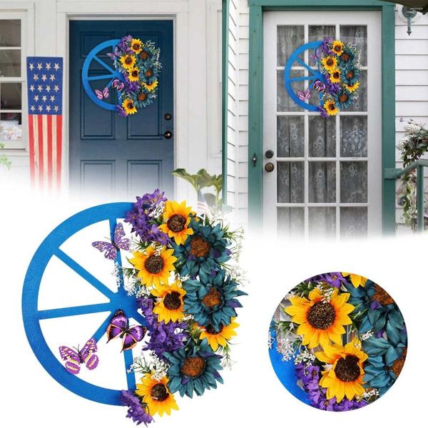 Fleurs décoratives Blue Sunflower Wheel Garland 2024 Spring Creative Simulation Couronnes de mariage pour la porte d'entrée Couronnes succulentes