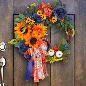 Porte de guirlande de tournesol bleue de fleurs décoratives suspendue au-dessus du crochet pour sac de noël avec des couronnes de baseball