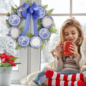 Fleurs décoratives, couronne de noël en saule bleu, porte d'entrée, assiette en porcelaine blanche, ferme, Art mural rustique, décoration artificielle