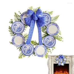 Decoratieve bloemen blauwe krans decor kunst aan de muur met Bule Bow 15 inch ingang welkom kerst witte porseleinen plaat