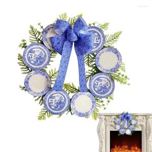 Decoratieve bloemen blauwe krans decor kunst aan de muur met Bule Bow 15 inch ingang welkom kerst witte porseleinen plaat