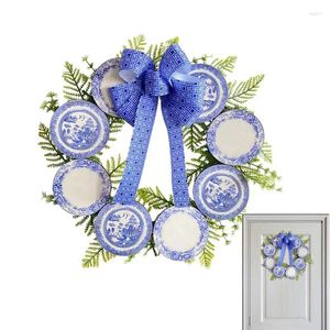 Couronnes de fleurs décoratives bleues, pour porte d'entrée, couronne de bienvenue, décoration d'assiette en porcelaine blanche et d'hiver de 15 pouces