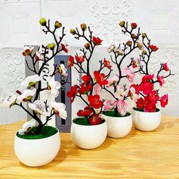 Flores decorativas Bonsai Flores de ciruelo de seda planta artificial maceta falsa Flores ramas de árbol de Sakura decoración de la habitación del hogar
