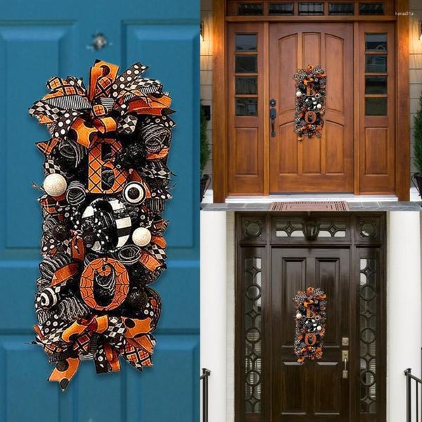 Couronne de fleurs décoratives à motif Boo pour Halloween, en tissu, signe de porche, guirlandes effrayantes et effrayantes, ornement de jardin de maison