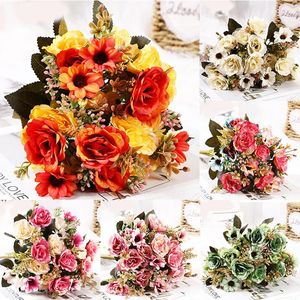 Decoratieve bloemen Bouquet Fake Small Bunch Rose Artificial Plant Diy Decoration Home Party Decor Mooi bruiloft verleidelijk