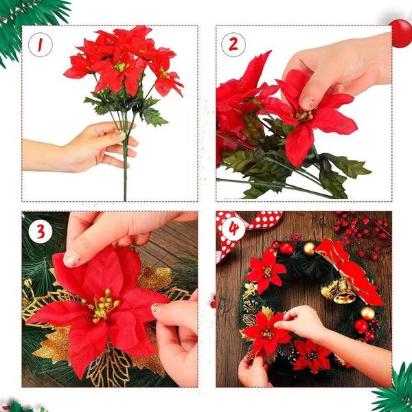 Bouquet de fleurs décoratives, Faux buisson de 35cm de haut, 6 pièces, 7 têtes, décorations de noël artificielles délicates, Poinsettia