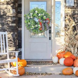 Couronne de citrouille blanche avec nœud de fleurs décoratives, Festival de Thanksgiving, cercle en rotin, ornement de porte suspendue, ventouses de fenêtre