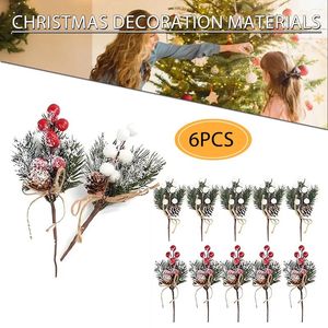 Flores decorativas Marca 12 PCS Plastic Christmas Rojo Berry Articifial Pine Cone Branch Farm Crear cestas de decoración Camino de café Estante