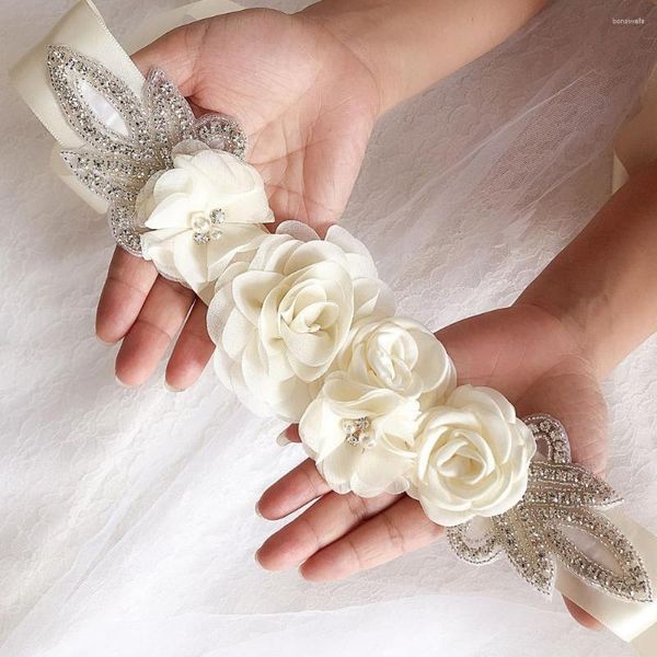 Flores decorativas cinturones de novia Satin Flower Srash Rose Vestido de novia Cinturón floral Decoración de diamantes de imitación