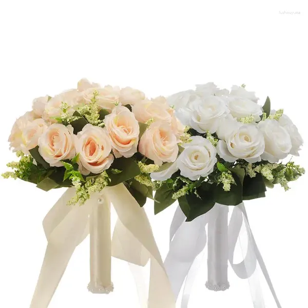 Fleurs décoratives Bouquet de mariée en soie Rose artificielle pivoine européenne mariage avec des rubans pour