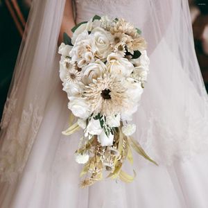 Fleurs décoratives Bouquets de mariée couleur crème Rose tournesols marguerite et feuilles artificielles pour les décorations de Festival de mariage