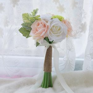 Decoratieve bloemen Bridal Bridesmeisje Wedding Bouquet Artificial Small Holding with Silk Satin Ribbon Accessoires Favors